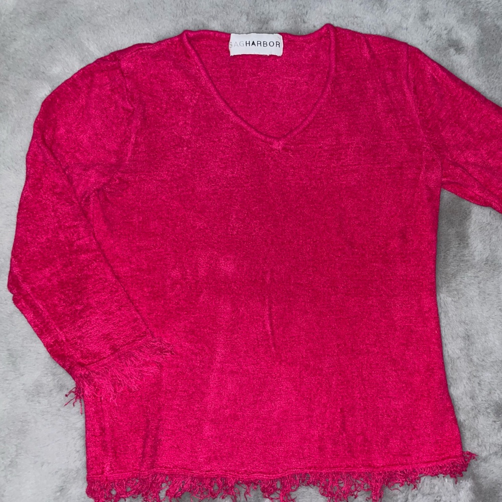 💗Sag Harbor Fuchsia Fringed Trimmed Sweater